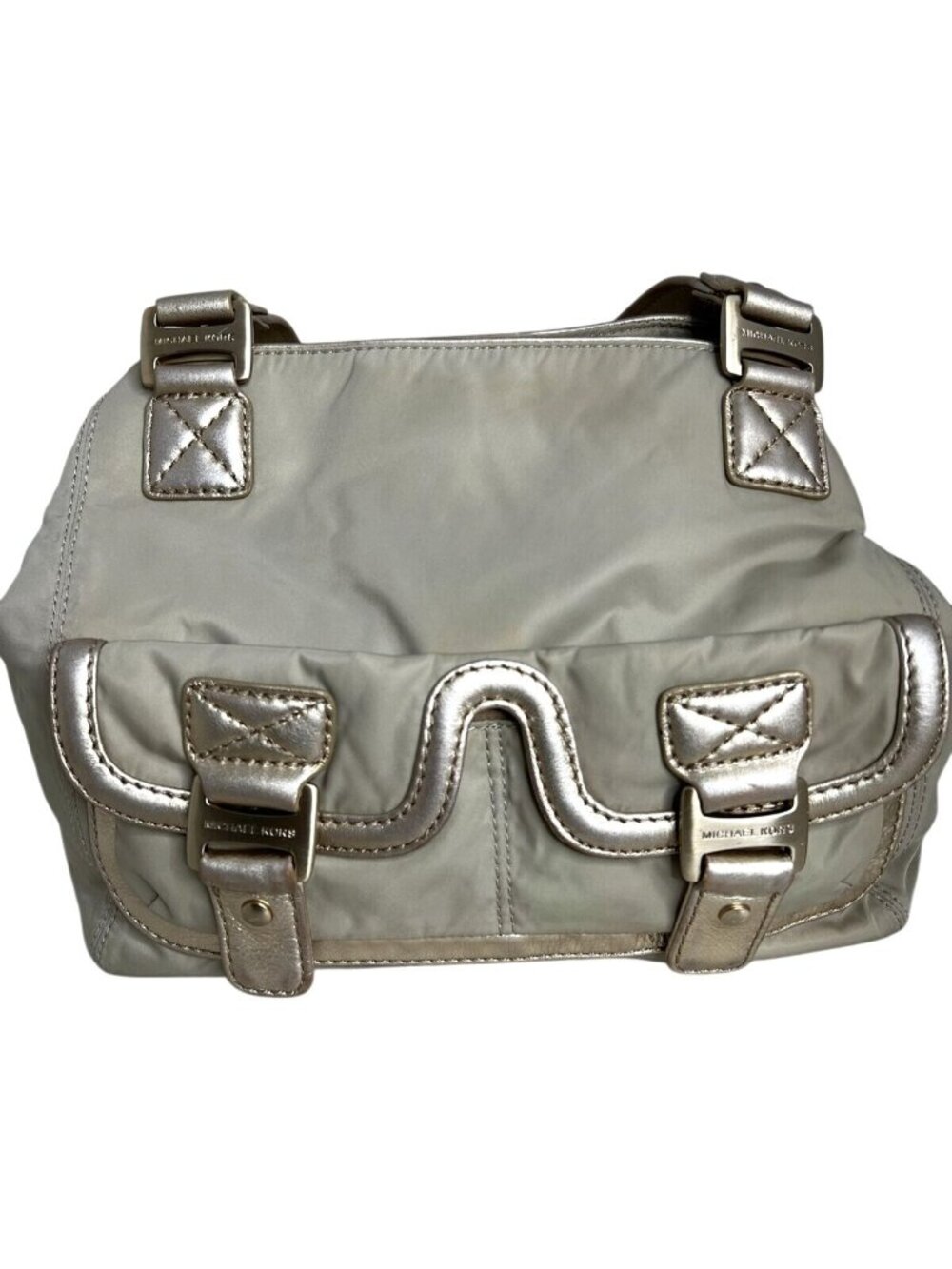 Michael Kors Metallic Beige/Silver Nylon Shoulder Bag With Buckle Detail